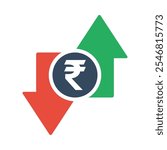 indian rupee coin with green up and red down arrows, tax or inflation indicator, price or income vector icon