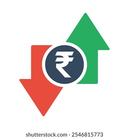 Moneda de rupia india con flechas verdes hacia arriba y rojas hacia abajo, indicador de impuestos o inflación, ícono de Precio o Vector de ingresos