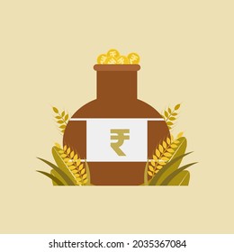 Indian rupee coins in a clay pot surrounded by wheat grains and leaves