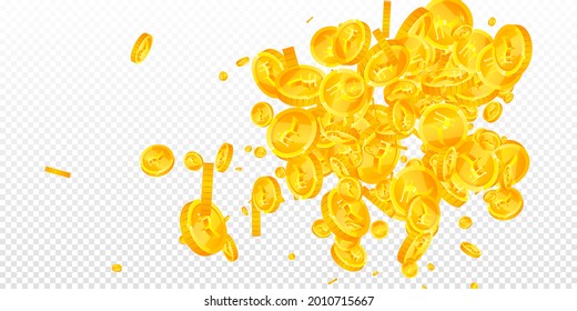 Indian rupee coins falling. Fine scattered INR coins. India money. Juicy jackpot, wealth or success concept. Vector illustration.