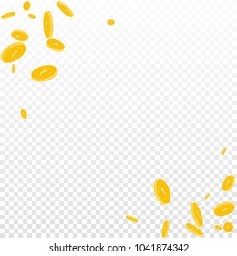 Indian rupee coins falling. Scattered disorderly INR coins on transparent background. Ideal scatter abstract corners vector illustration. Jackpot or success concept.