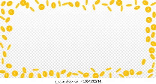 Indian rupee coins falling. Scattered sparse INR coins on transparent background. Bizarre wide scattered frame vector illustration. Jackpot or success concept.