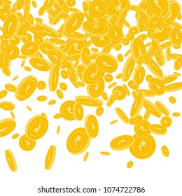 Indian rupee coins falling. Scattered floating INR coins on white background. Fascinating top gradient vector illustration. Jackpot or success concept.