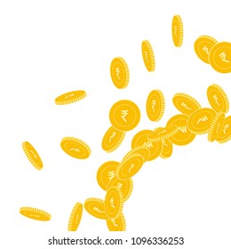Indian rupee coins falling. Scattered big INR coins on white background. Awesome radiant right bottom corner vector illustration. Jackpot or success concept.