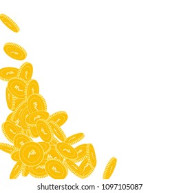 Indian rupee coins falling. Scattered big INR coins on white background. Incredible bottom left corner vector illustration. Jackpot or success concept.