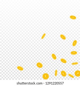 Indian rupee coins falling. Scattered sparse INR coins on transparent background. Alluring scattered bottom right corner vector illustration. Jackpot or success concept.