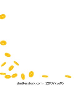 Indian rupee coins falling. Scattered sparse INR coins on white background. Valuable abstract left bottom corner vector illustration. Jackpot or success concept.