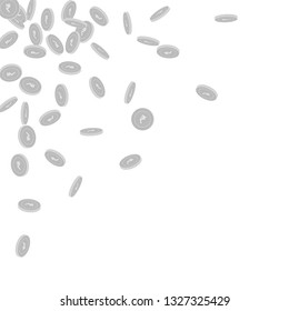 Indian rupee coins falling. Scattered black and white INR small coins. Jackpot or success concept. Rare scattered top left corner vector illustration.