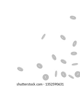 Indian rupee coins falling. Scattered black and white INR sparse coins. Jackpot or success concept. Pleasing scattered bottom right corner vector illustration.