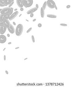 Indian rupee coins falling. Scattered black and white INR floating coins. Jackpot or success concept. Radiant scattered top left corner vector illustration.