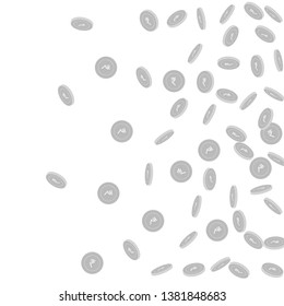 Indian rupee coins falling. Scattered black and white INR sparse coins. Jackpot or success concept. Excellent right gradient vector illustration.