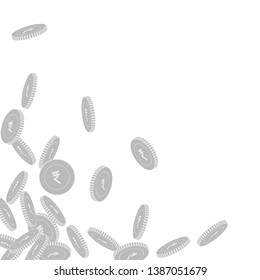Indian rupee coins falling. Scattered black and white INR big coins. Jackpot or success concept. Neat scattered bottom left corner vector illustration.