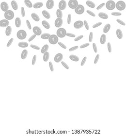 Indian rupee coins falling. Scattered black and white INR sparse coins. Jackpot or success concept. Authentic top semicircle square vector illustration.