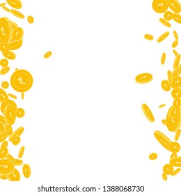 Indian rupee coins falling. Scattered floating INR coins on white background. Vibrant messy border vector illustration. Jackpot or success concept.