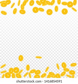 Indian rupee coins falling. Scattered small INR coins on transparent background. Favorable borders vector illustration. Jackpot or success concept.