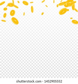 Indian rupee coins falling. Scattered disorderly INR coins on transparent background. Cute abstract top border vector illustration. Jackpot or success concept.
