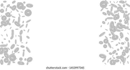 Indian rupee coins falling. Scattered black and white INR disorderly coins. Jackpot or success concept. Immaculate right left border vector illustration.