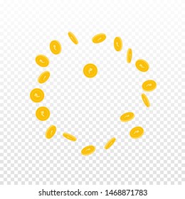 Indian rupee coins falling. Scattered sparse INR coins on transparent background. Enchanting round frame vector illustration. Jackpot or success concept.