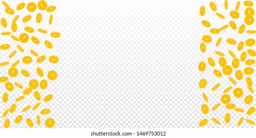 Indian rupee coins falling. Scattered sparse INR coins on transparent background. Nice right left border vector illustration. Jackpot or success concept.