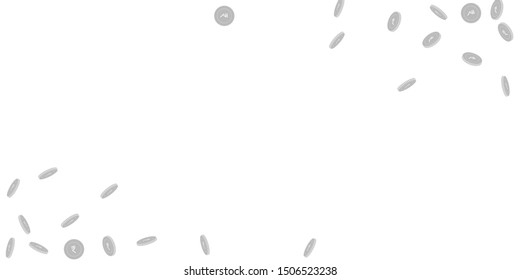 Indian rupee coins falling. Scattered black and white INR sparse coins. Jackpot or success concept. Neat wide corners vector illustration.