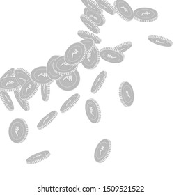 Indian rupee coins falling. Scattered black and white INR big coins. Jackpot or success concept. Curious radiant left top corner vector illustration.