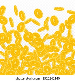Indian rupee coins falling. Scattered big INR coins on transparent background. Fresh bottom gradient vector illustration. Jackpot or success concept.