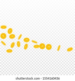 Indian rupee coins falling. Scattered sparse INR coins on transparent background. Exquisite square shape vector illustration. Jackpot or success concept.