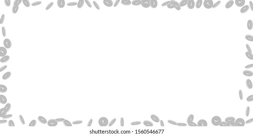 Indian rupee coins falling. Scattered black and white INR small coins. Jackpot or success concept. Original wide frame vector illustration.