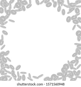 Indian rupee coins falling. Scattered black and white INR small coins. Jackpot or success concept. Bewitching corner frame vector illustration.
