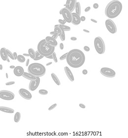 Indian rupee coins falling. Scattered black and white INR floating coins. Jackpot or success concept. Dazzling radiant left top corner vector illustration.