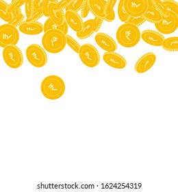 Indian rupee coins falling. Scattered big INR coins on white background. Remarkable scatter top gradient vector illustration. Jackpot or success concept.