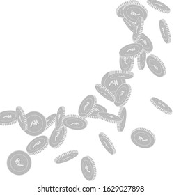 Indian rupee coins falling. Scattered black and white INR big coins. Jackpot or success concept. Stunning big radiant left top corner vector illustration.