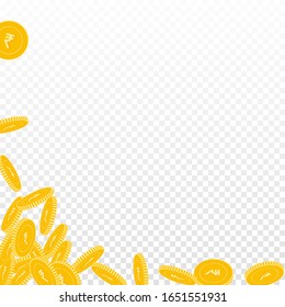 Las monedas de rupias indias caen. Monedas de INR grandes dispersas sobre fondo transparente. Sorprendente ilustración abstracta del vector de esquina inferior izquierda. Acumulado o concepto de éxito.