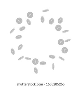 Indian rupee coins falling. Scattered black and white INR sparse coins. Jackpot or success concept. Fresh round scattered frame vector illustration.