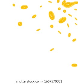 Indian rupee coins falling. Scattered disorderly INR coins on white background. Dazzling scattered top right corner vector illustration. Jackpot or success concept.