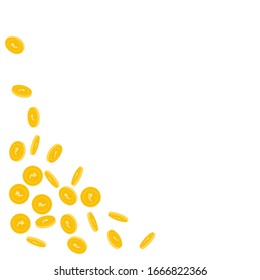 Indian rupee coins falling. Scattered sparse INR coins on white background. Magnificent bottom left corner vector illustration. Jackpot or success concept.