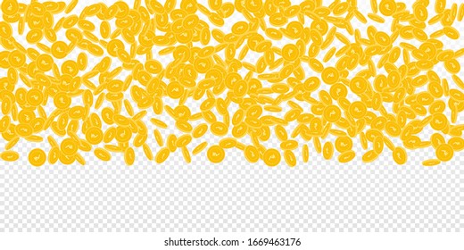 Indian rupee coins falling. Scattered small INR coins on transparent background. Comely wide top gradient vector illustration. Jackpot or success concept.