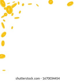 Indian rupee coins falling. Scattered disorderly INR coins on white background. Worthy abstract left top corner vector illustration. Jackpot or success concept.