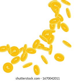 Indian rupee coins falling. Scattered big INR coins on white background. Eminent big radiant left top corner vector illustration. Jackpot or success concept.