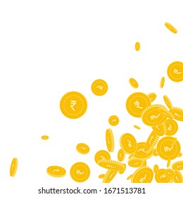Indian rupee coins falling. Scattered floating INR coins on white background. Admirable scattered bottom right corner vector illustration. Jackpot or success concept.