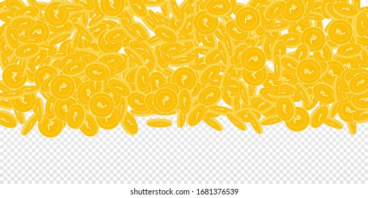 Indian rupee coins falling. Scattered big INR coins on transparent background. Breathtaking wide top gradient vector illustration. Jackpot or success concept.