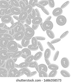 Indian rupee coins falling. Scattered black and white INR big coins. Jackpot or success concept. Bold left gradient vector illustration.