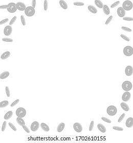 Indian rupee coins falling. Scattered black and white INR sparse coins. Jackpot or success concept. Bizarre corner frame vector illustration.