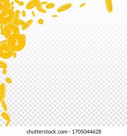 Indian rupee coins falling. Scattered floating INR coins on transparent background. Actual abstract left top corner vector illustration. Jackpot or success concept.