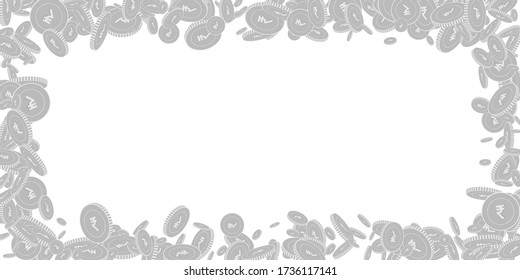 Indian rupee coins falling. Scattered black and white INR floating coins. Jackpot or success concept. Powerful wide scattered frame vector illustration.