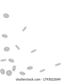 Indian rupee coins falling. Scattered black and white INR sparse coins. Jackpot or success concept. Original scattered bottom left corner vector illustration.