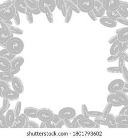 Indian rupee coins falling. Scattered black and white INR big coins. Jackpot or success concept. Appealing chaotic border vector illustration.