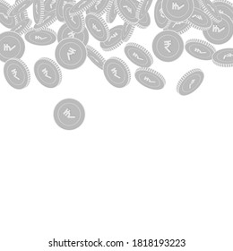 Indian rupee coins falling. Scattered black and white INR big coins. Jackpot or success concept. Marvelous scatter top gradient vector illustration.