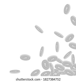 Indische Rupien-Münzen fallen. Schwarz-Weiß-INR-große Münzen mit Geschirr. Jackpot oder Erfolgskonzept. Hervorragende verstreute untere rechte Ecke Vektorgrafik.