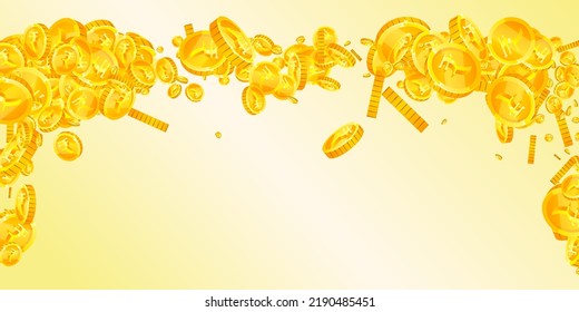 Indian rupee coins falling. Scattered gold INR coins. India money. Jackpot wealth or success concept. Wide vector illustration.